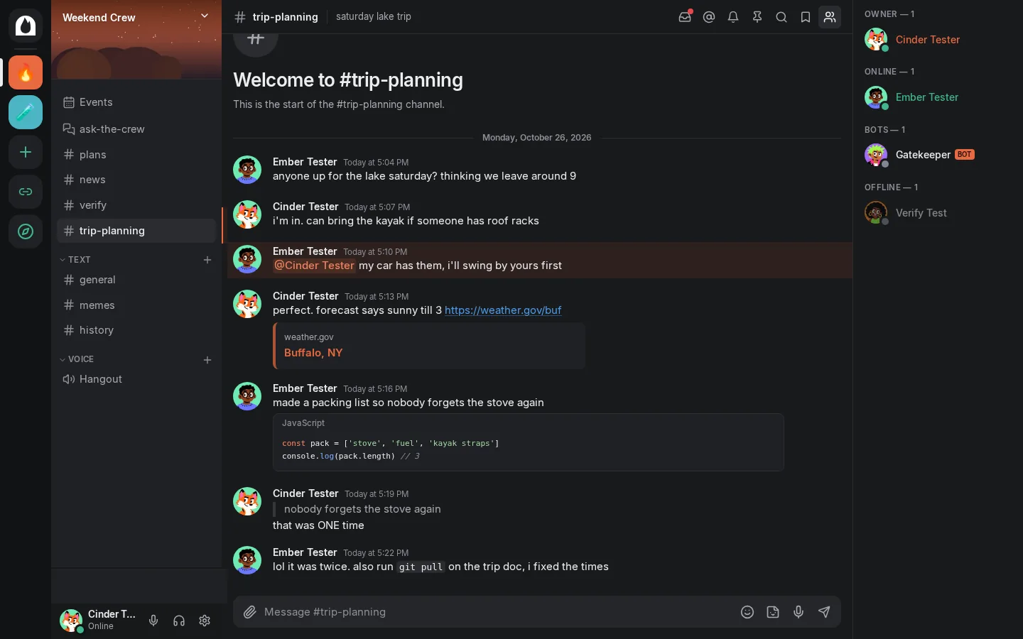 Hearth in the dark theme: a server with channels on the left, a group chat about a lake trip in the middle and the member list on the right.