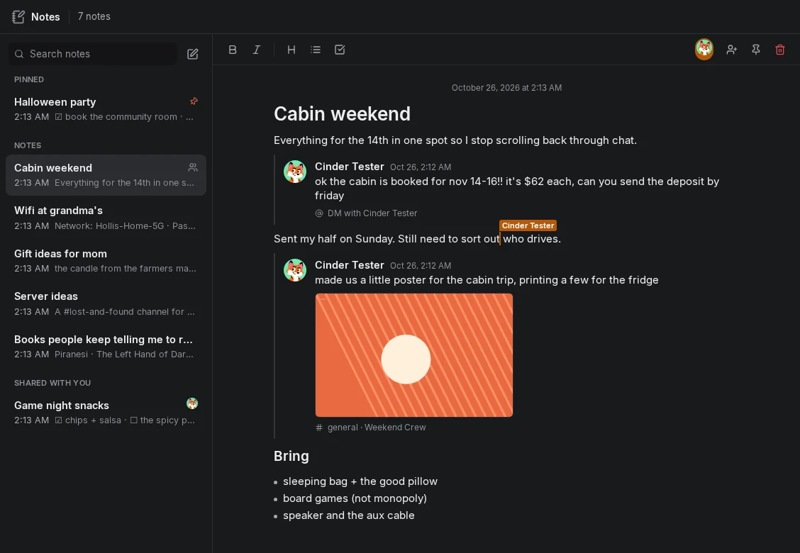 A Hearth note called Cabin weekend with chat messages and a photo pulled in from chat, and a friend’s live cursor while they edit.